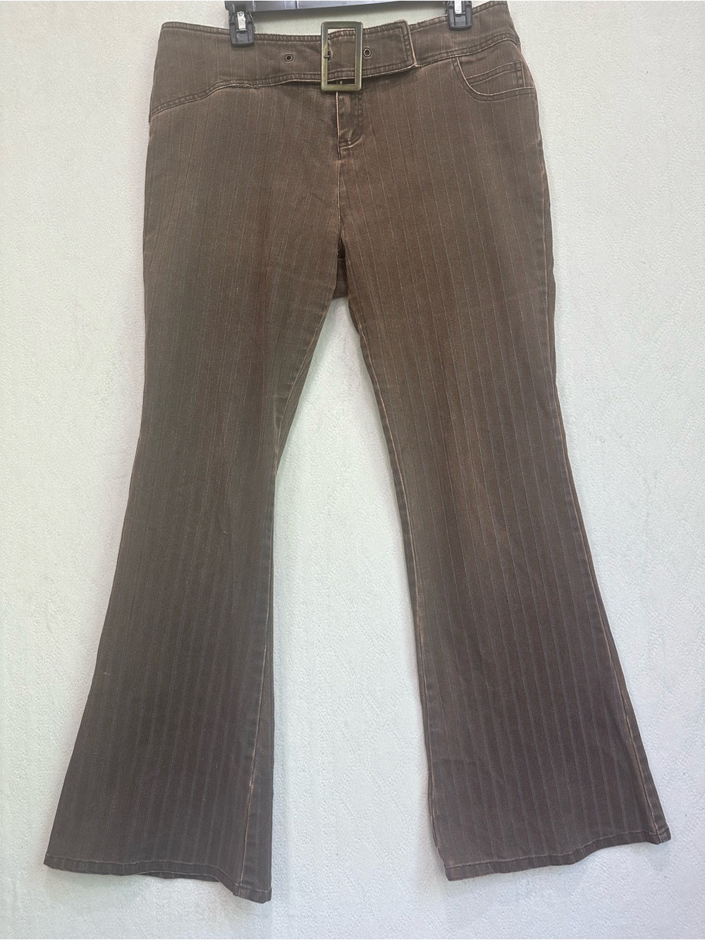 Vintage Solo Jeans Y2k Brown Pinstripe Flare Jeans with Buckle Waist Sz 12